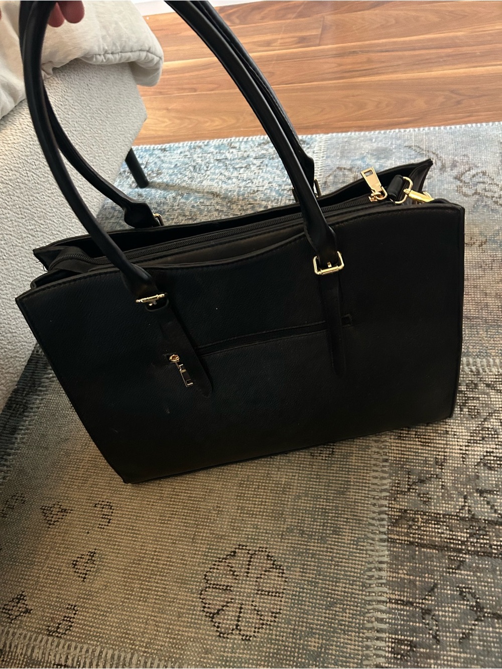 Black Structured Tote Bag with Gold Hardware